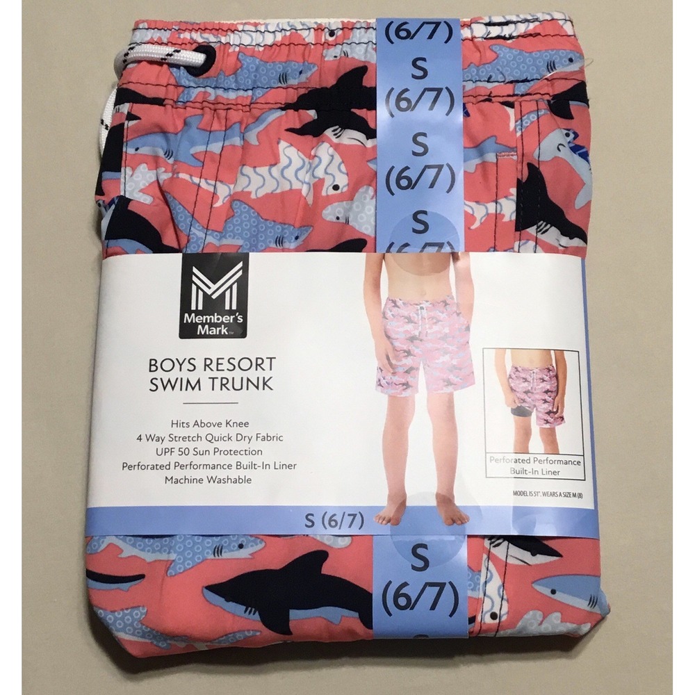 Boys Resort‎ Swim Trunks With Built-In Liner By Member's Mark Small (6/7) Sharks